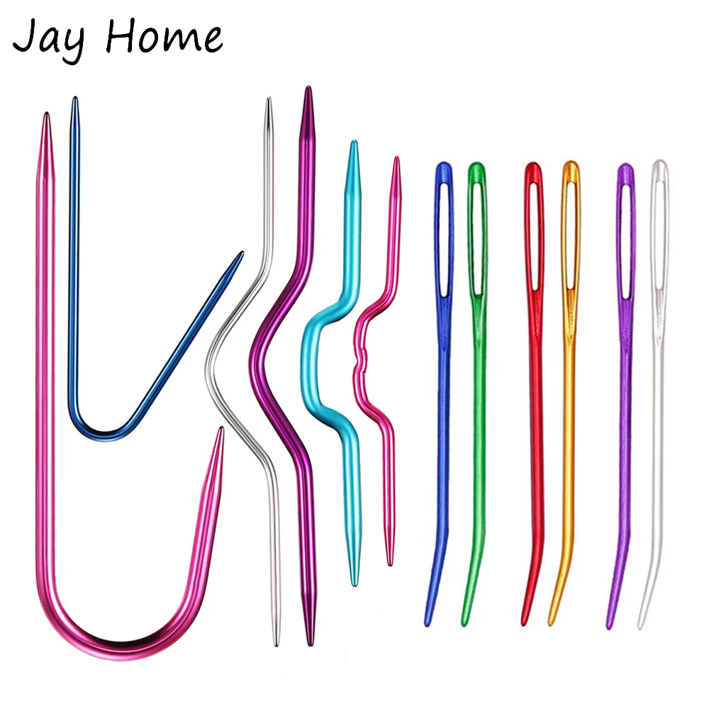 6PCS Aluminum Knitting Bent Weaving Needle Hooks with 6 Yarn Needle Bent Tip Tapestry Needles for Sweaters Crochet Embroidery