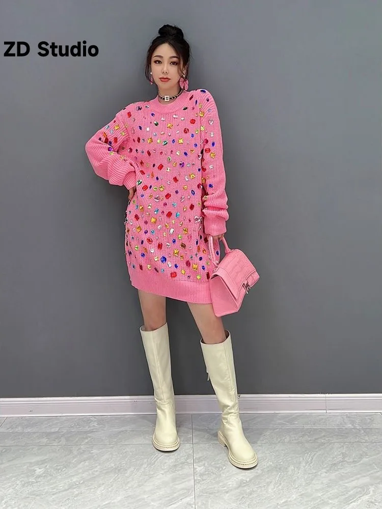 

[ZD Studio] Europe Station 2023 Spring New Korean Trend Flash Diamond Knitted Dress Women's Wear