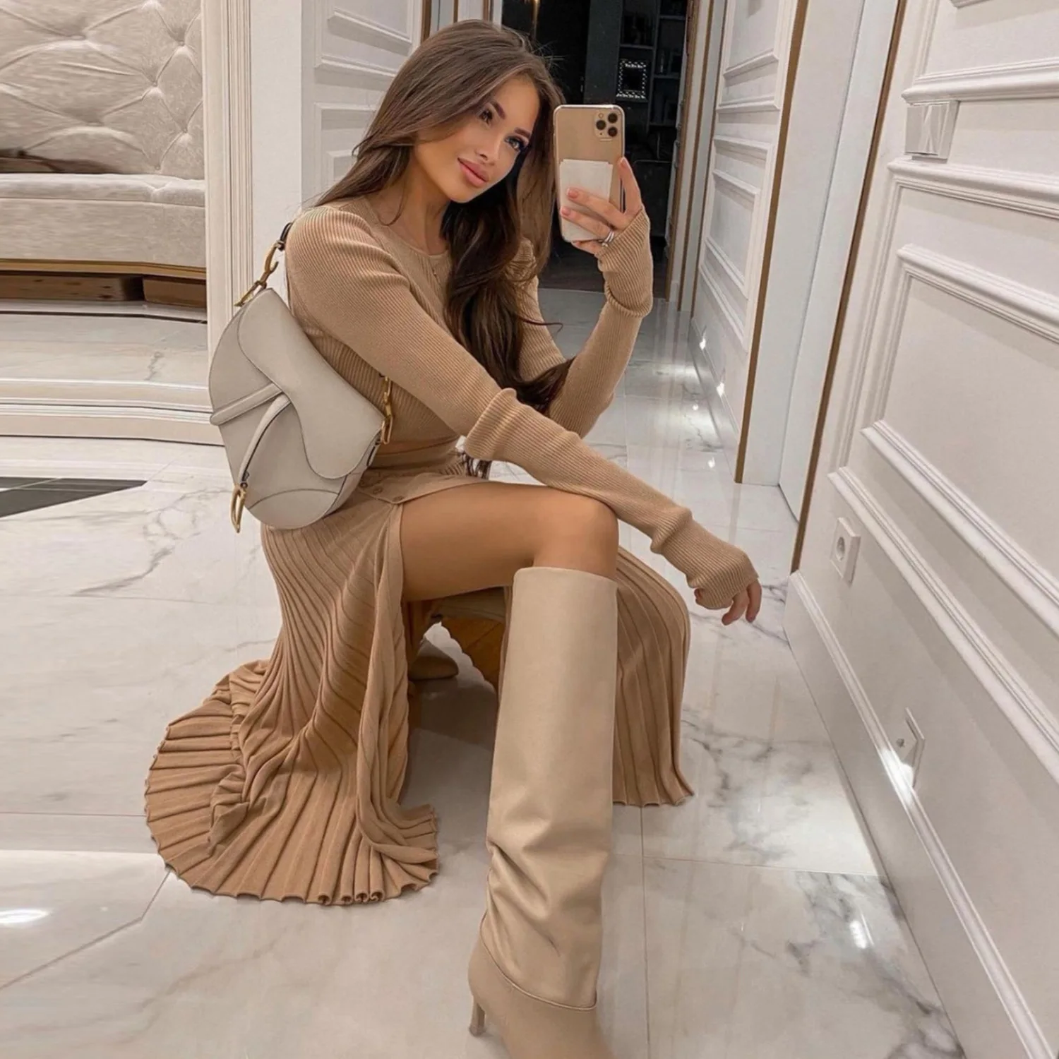

Elegant Knitted Skirt Set for Women Solid Long Sleeve Sweater And Midi Skirt Outfits Autumn Winter Club Party Two Piece Set 2023