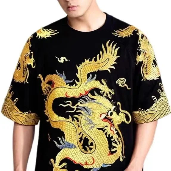 Новые Топы с коротким рукавом и принтом дракона для мужчин женщин летняя черная