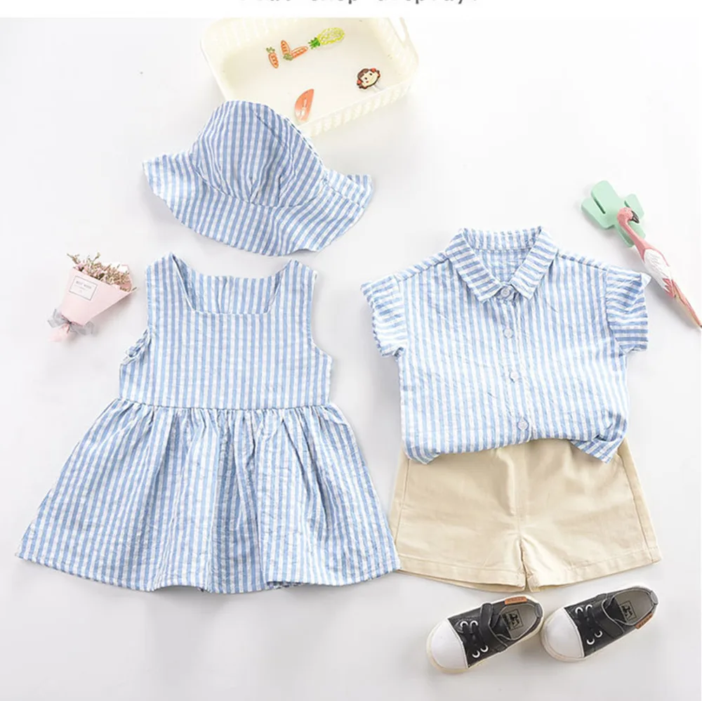 

Summer Toddler Baby Clothes Set Stripe Suit Boys Short Sleeve Top+ Shorts Girl Cotton Dress + Hat 2Pcs Sister Brother Look 0-6Y