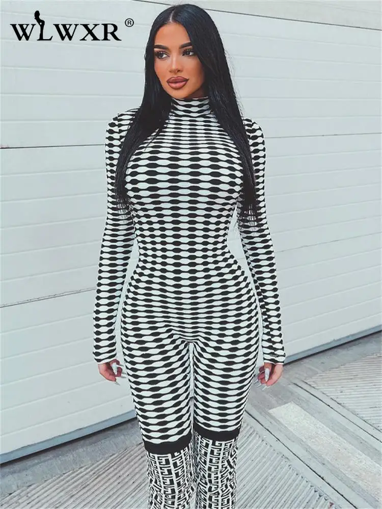 

WLWXR Summer Black White Striped Jumpsuits For Women 2023 Long Sleeve Bodycon Jumpsuit Zipper Casual Party Outfits For Women