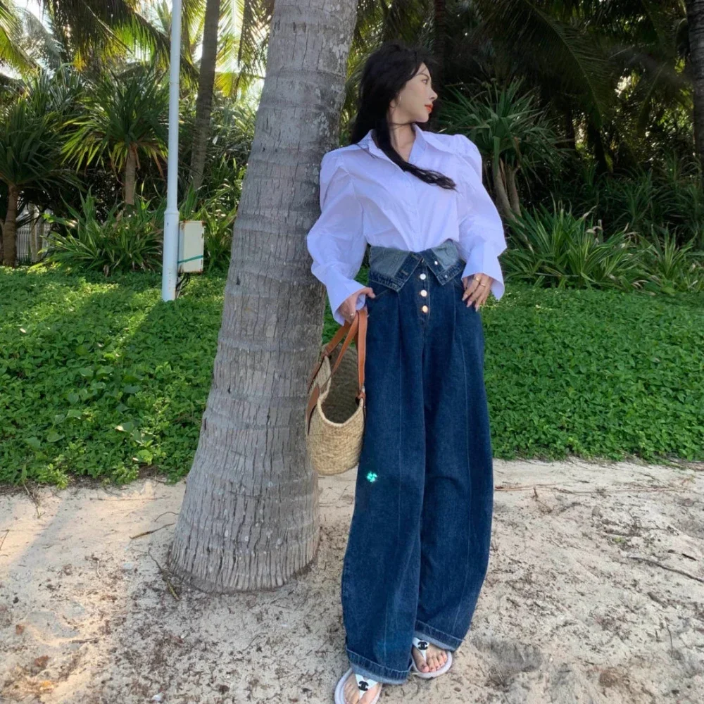 Женские джинсы с карманами синие прямые брюки высокой талией