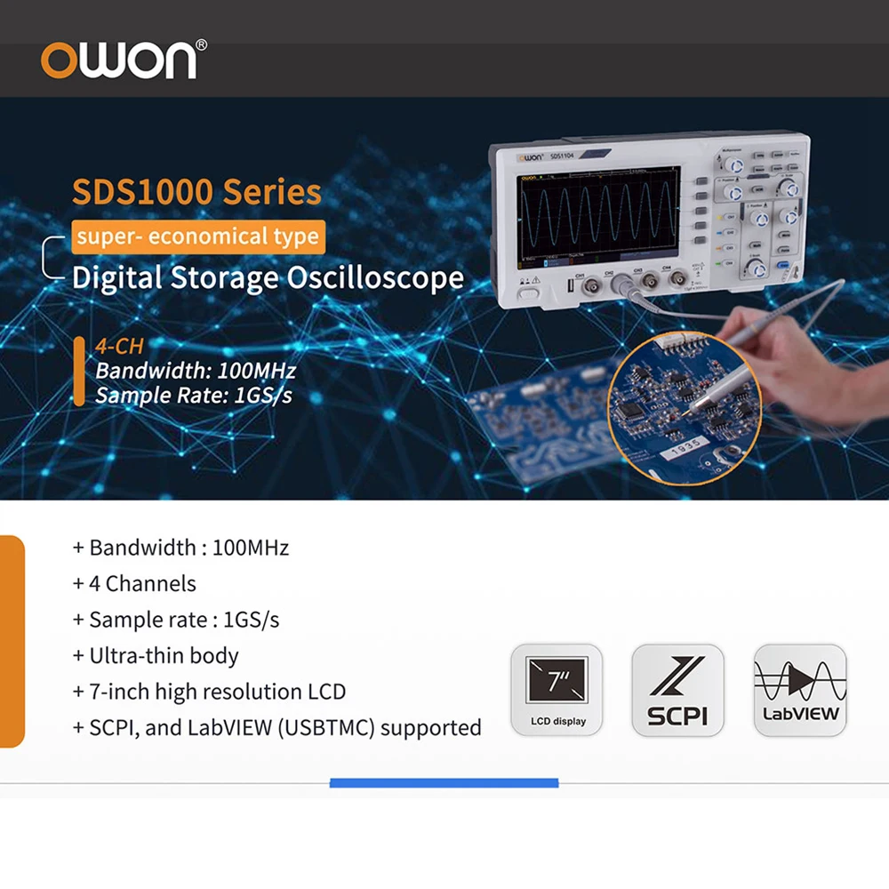 Цифровой осциллограф Owon SDS1104 4 канала 100 МГц полоса пропускания 1GS/s 8 бит