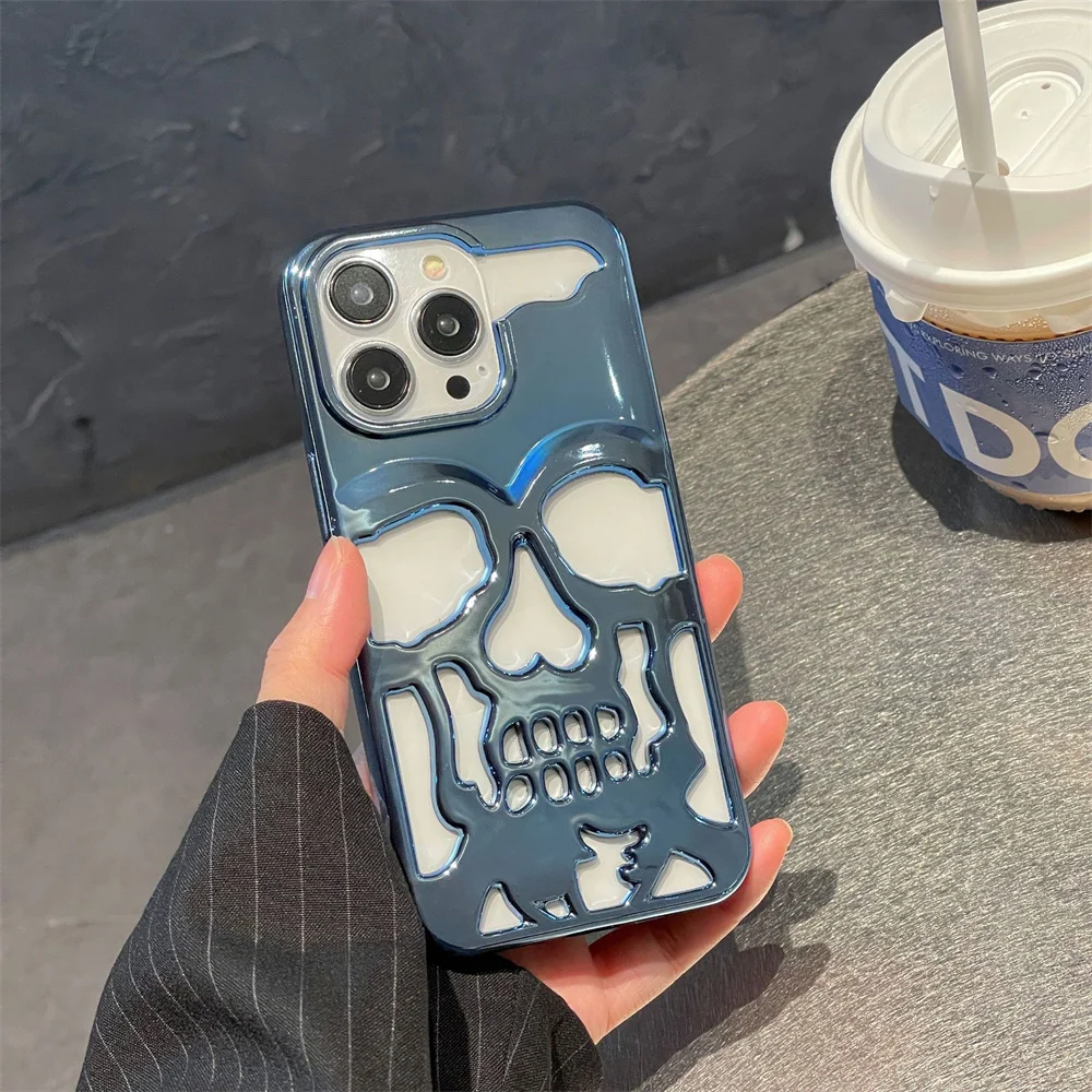 

Punk Skull Protective Case for iPhone 14promax Apple 13max 12pro Electroplated Full Surround Hollow out Fashion Phone Case