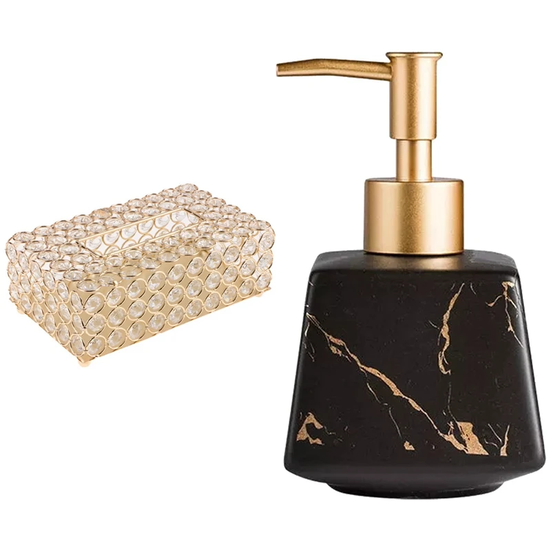 

1 Pcs Crystal Facial Tissue Box & 1 Pcs 260Ml Bathroom Luxury Ceramic Marble Soap Dispenser Shower Bottle