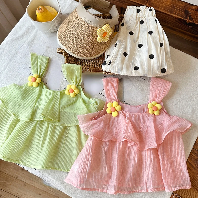 

Girls 2023 Summer Clothing Sets New Suspender Floral Ruffles Shirts Dot Pants Kids Clothing Sets Baby Clothes Outfits