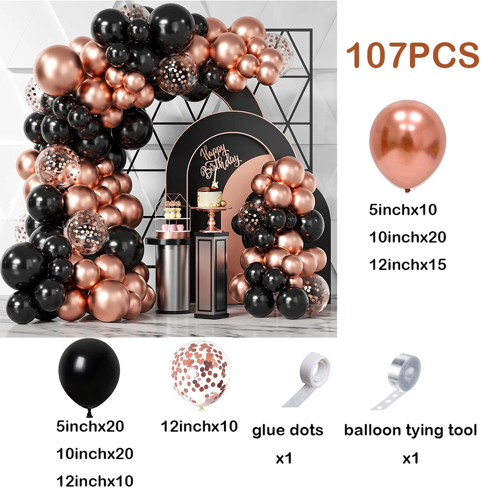107 шт. черные розовые и золотые блестящие металлические хромированные шары
