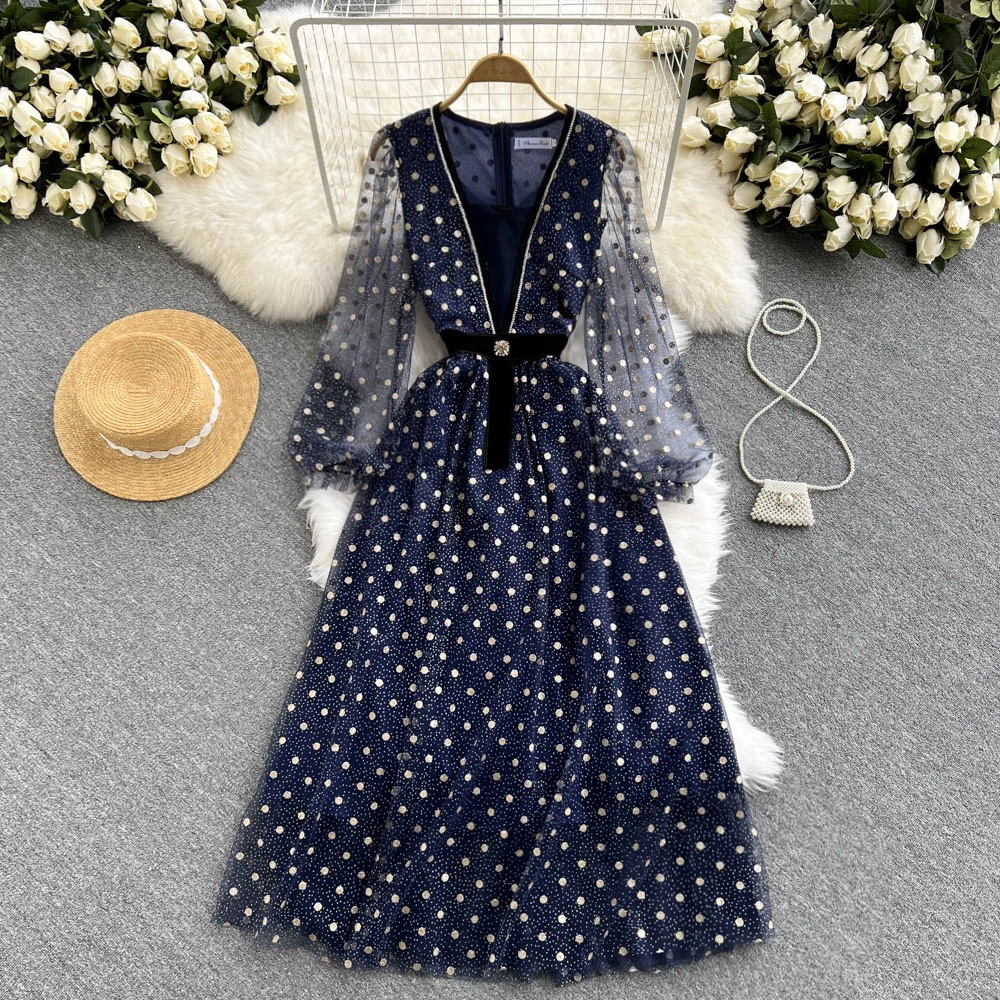 

Women's New Fashion 2022 Spring V Neck Bronzing Dot Long Sleeve Gauze A-line Dress Elegant Blue Mesh Maxi Party Dresses