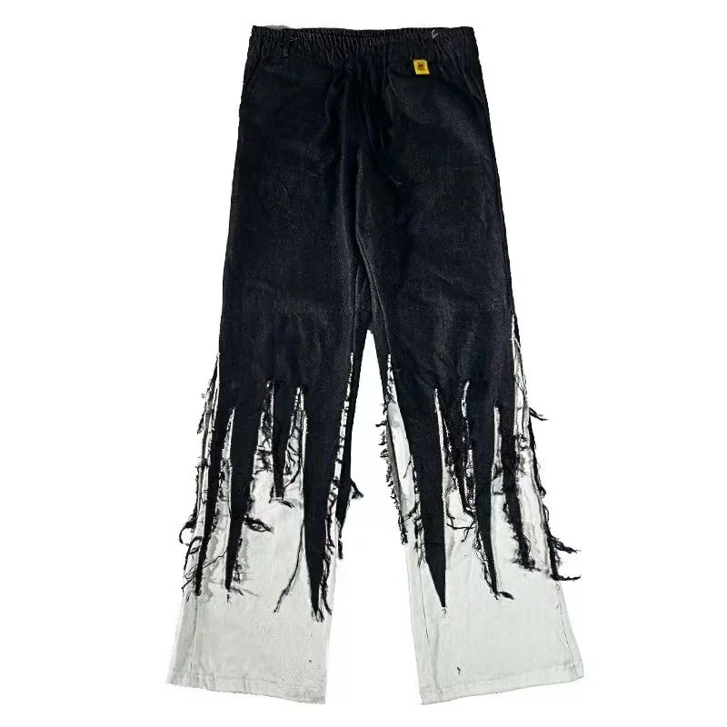 Four Seasons Men's Jeans High Street Hip Hop Contrast Color Tassel Loose Jeans Korean Fashion Jeans Hip Hop Men's Y2k Pants Men