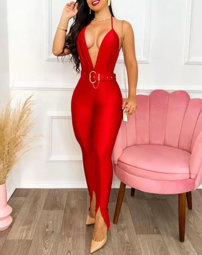 

Sexy Plunging Neck Split Hem Belted Sleeveless Jumpsuit Plain Red & Black Night Out Wedding Guest Skinny Party Jumpsuits