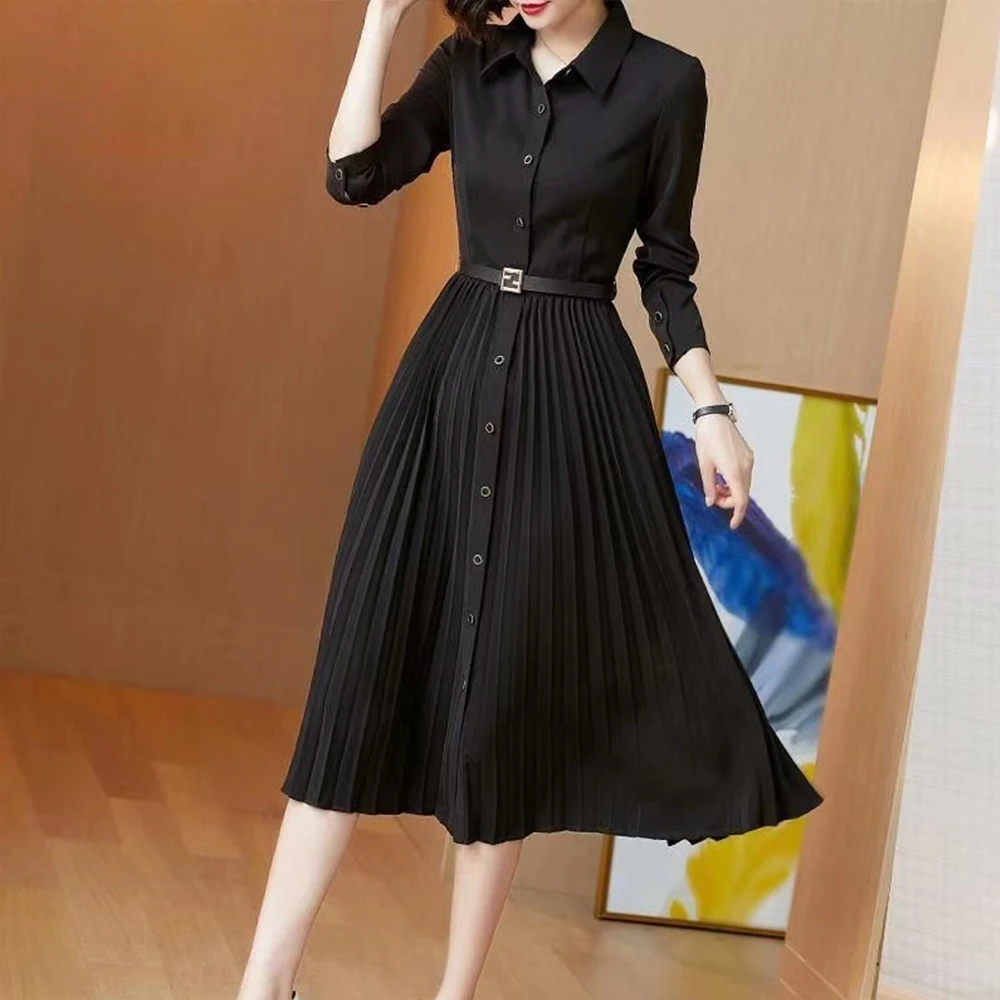 

Women Dress Elegant Fashion Casual Long Sleeve Solid Color Pullover Pleated Single-breasted Patchwork Spring Ladies A-line Dress