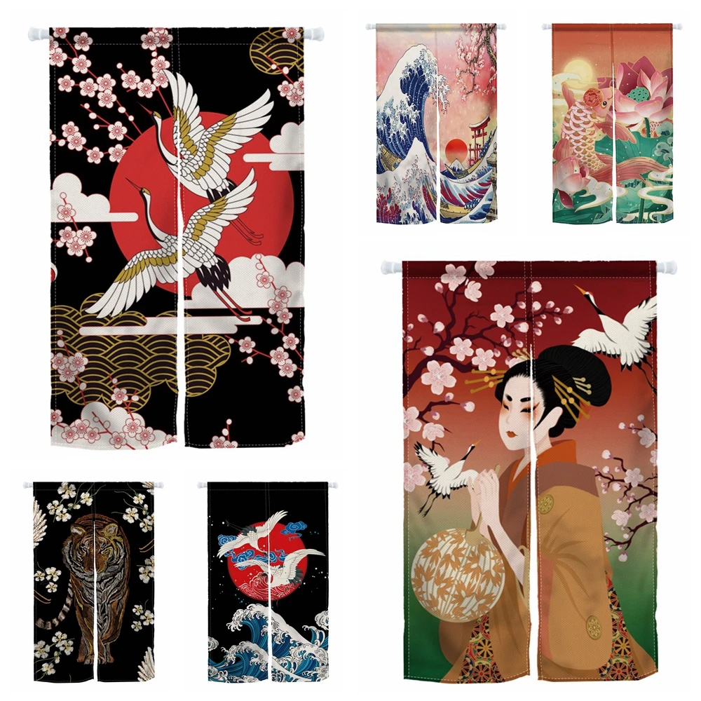 Японская дверная занавеска Noren Ukiyoe Hokusai Большой Волнистый вишневый цвет Киотская