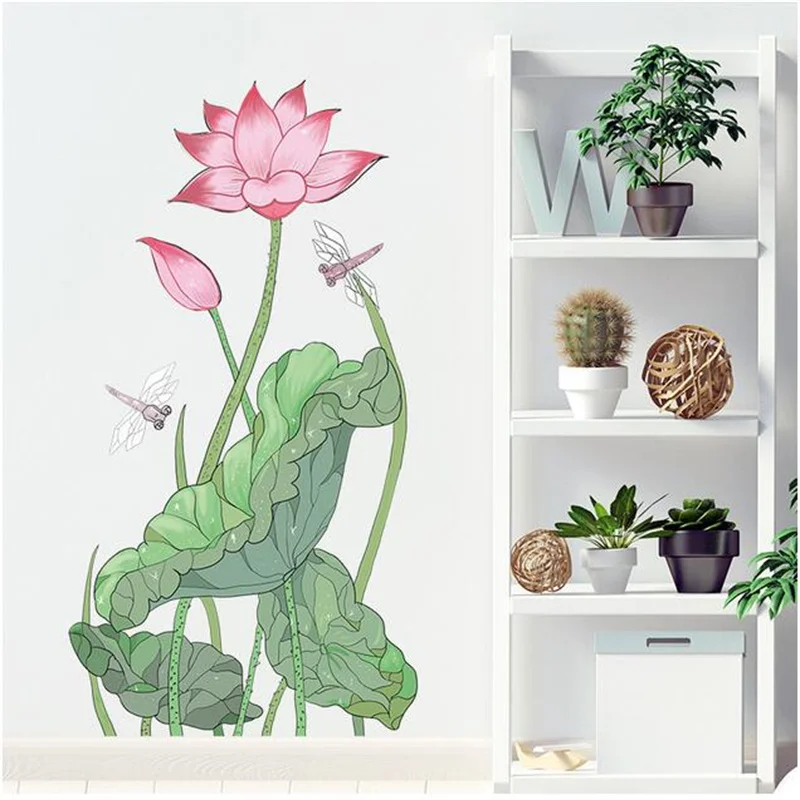 

1PCS Self-Adhesive Chinese Style Wall Stickers Fresh Wind Lotus Dragonfly Painted Home Decor Bedroom Porch Home Decoration