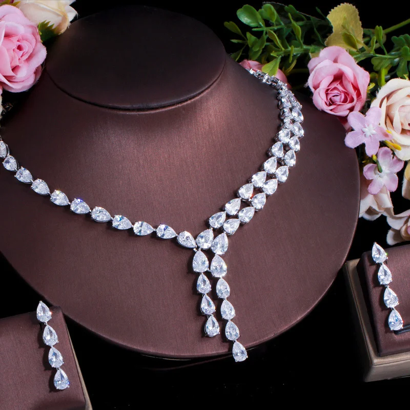 

Timeless Wonder Shiny Zirconia Waterdrop Necklace N Earrings Set Women Wedding Jewelry Sets Fancy Bride Gift Gothic Dubai 4533