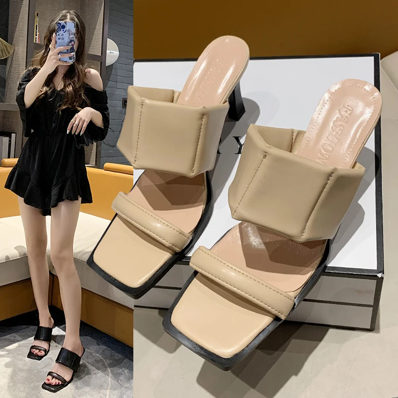 

Шлепанцы женские на высоком каблуке, босоножки без задника, обувь черного или белого цвета, размеры 36-42, лето