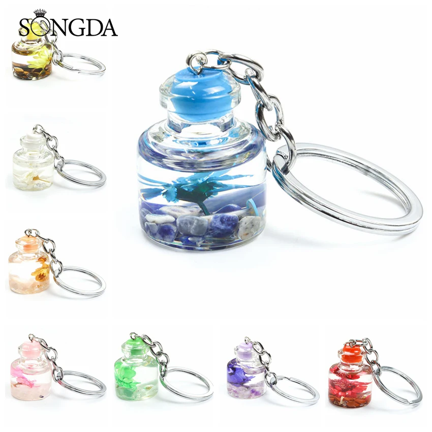 

Cute Dried Flower Wish Bottle Glass Keychains Best Friends Gift Colorful Drift Bottle Key Ring Chain For Women Wholesale Jewelry