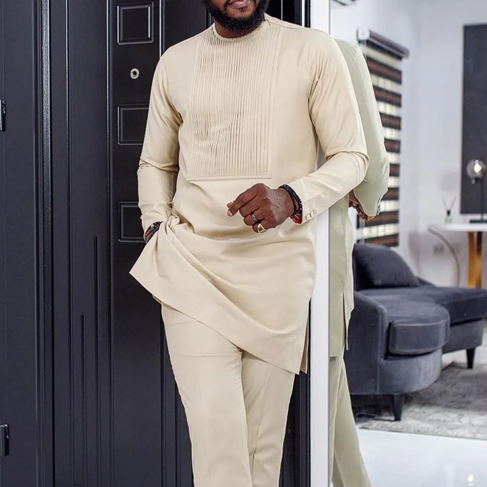 Muslim Shirt Men 2022 Fit Arab Youth Splicing Round Neck Solid Color Casual Shirt Male Long Sleeve Arabic Shirt