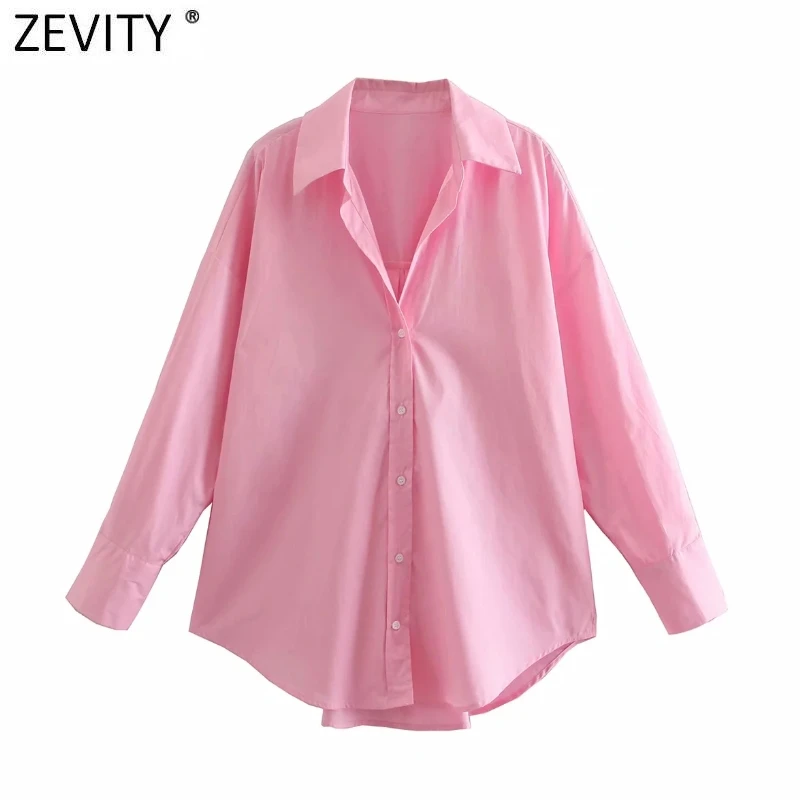 

Zevity New Women Simply Single Breasted Poplin Pink Shirt Office Lady Long Sleeve Business Blouse Roupas Chic Blusas Tops LS9288