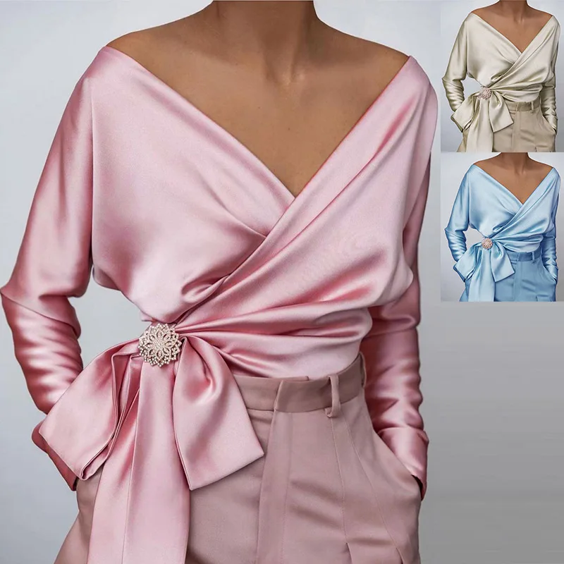 

Top Women Solid Sexy Crop Top V-neck Slim Lace Up High Elastic Satin Top Oversized T-shirt Office Lady Casual Shirts Blouses
