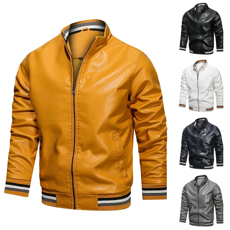 

Motorcycle Fashion Jacket Mens Slim Fit Short-Coat Collar PU Jackets Winter Autumn Zipper Fly Stand Neck Windproof Leather Coat