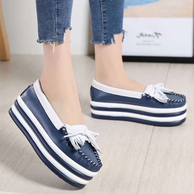Tassels High Platform Shoe Loafers Women White Genuine Leather Casual Shoes Woman Flats Slip on Black Shoes Plataformas Lolita