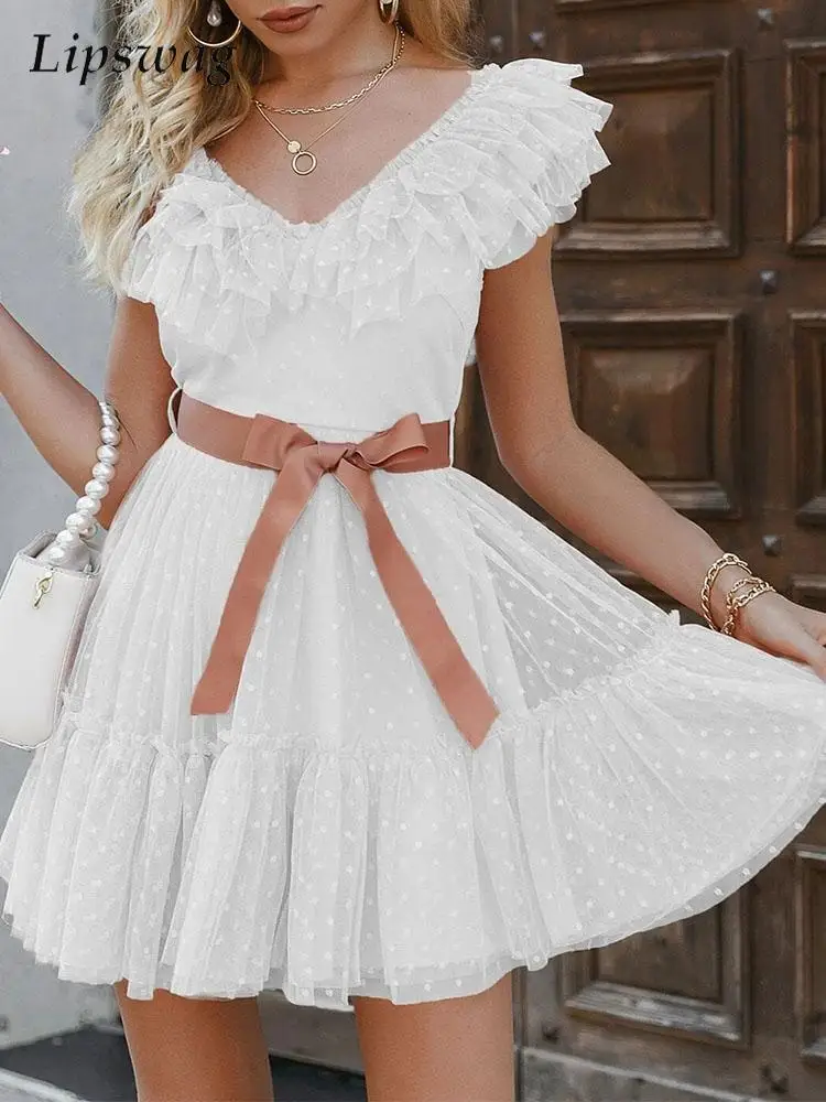 

Summer Elegant Lace Sleeveless Dress Women Layering Short Dress Evening Party Beach Dresses Dots Lace Up Sundress Fairy Dresses