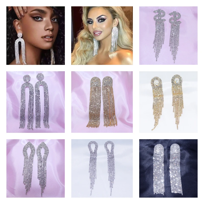 

Bling Rhinestone Crystal Long Tassel Drop Earrings for Women Big Hanging Dangle Earrings Bridal Wedding Jewelry Wholesale