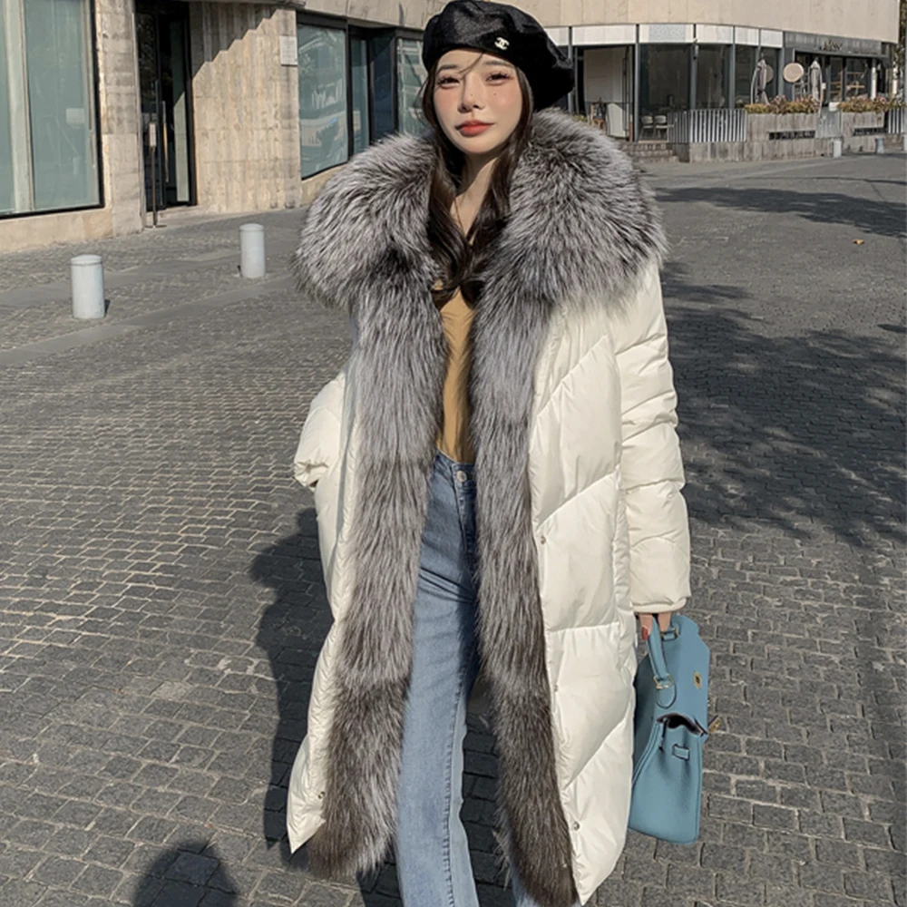 Long Winter White Down Jacket Women 2023 Solid Casual Women's Down Coat With Fur Collar Trim Thick Warm Overcoat Female