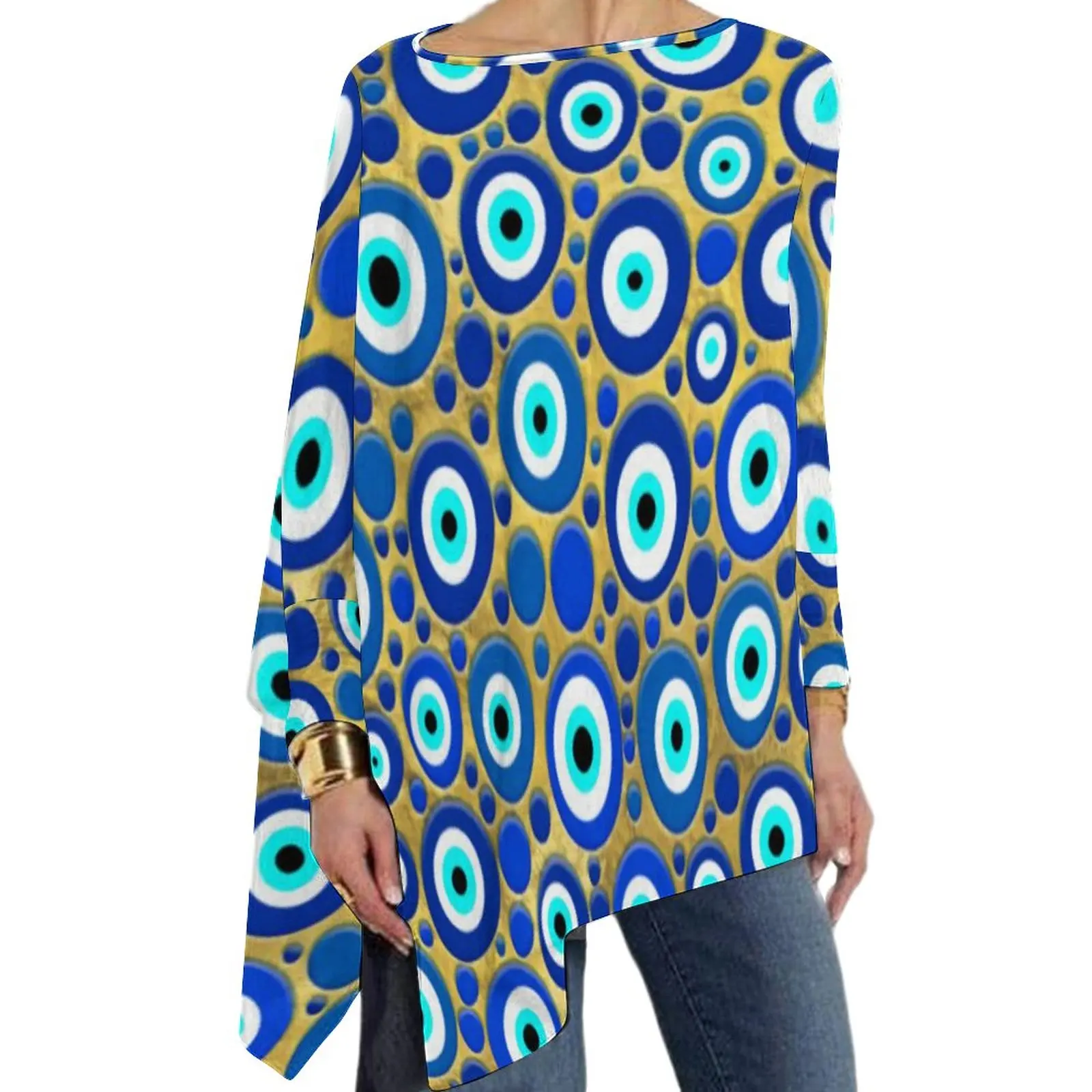 

Футболка женская, с длинным рукавом, синего цвета, с принтом "дьявольский глаз", с узором, Y2K