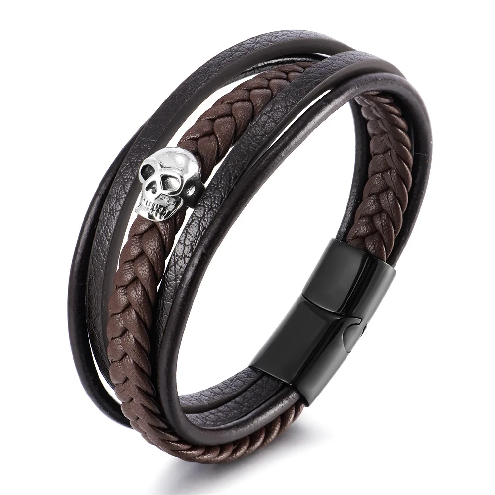 

New Stainless Steel Black Multilayer Genuine Leather Bracelet For Men Magnetic Clasp Button Vintage Braid Bangle Jewelry