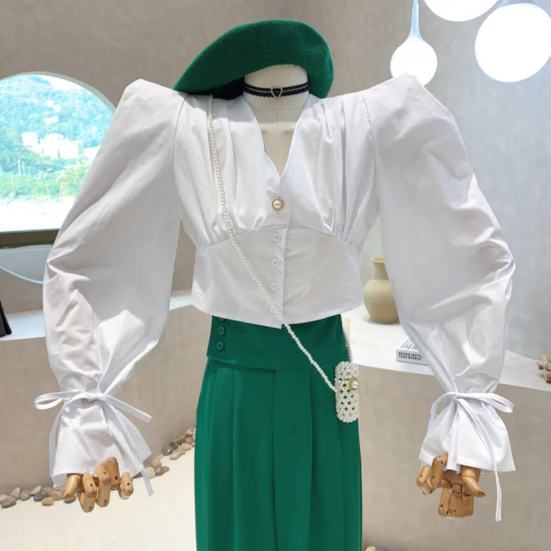 

New Women's Clothing 2022 Spring Vintage Puff long sleeve V-neck shirt high waist short single breasted Tops feminine blouses