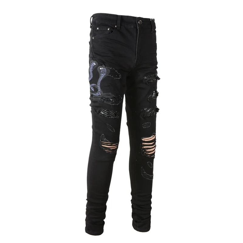 Street Fashion Men Jeans Black Elastic Slim Ripped Jeans Men Destroyed Hole Trousers Cobra Patch Designer Brand Hip Hop Pants
