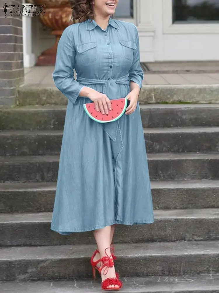 

Oversized Women Vintage Shirt Dress ZANZEA Fashion Denim Blue Midi Vestidos Casual 3/4 Sleeve Holiday Belted Lapel Neck Sundress