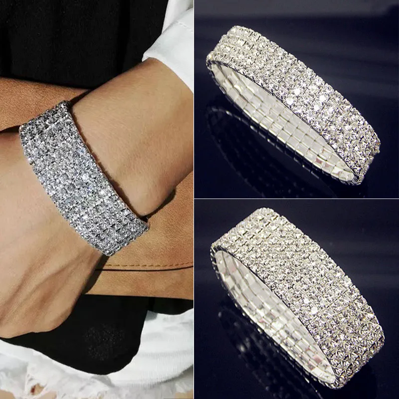 

Luxury Full White AAA CZ Zircon Crystal Elastic Bracelet Bling Iced Out Rhinestone Women's Bracelet for Women Wedding Jewelry