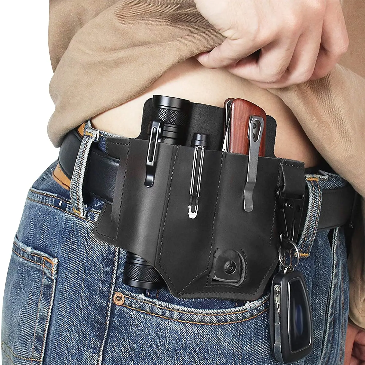 

Tactical Multitool Leather Sheath for Man EDC Pocket Organizer Belt Tool Pouch with Pen Holder Key Fob Flashlight Pouch Brown