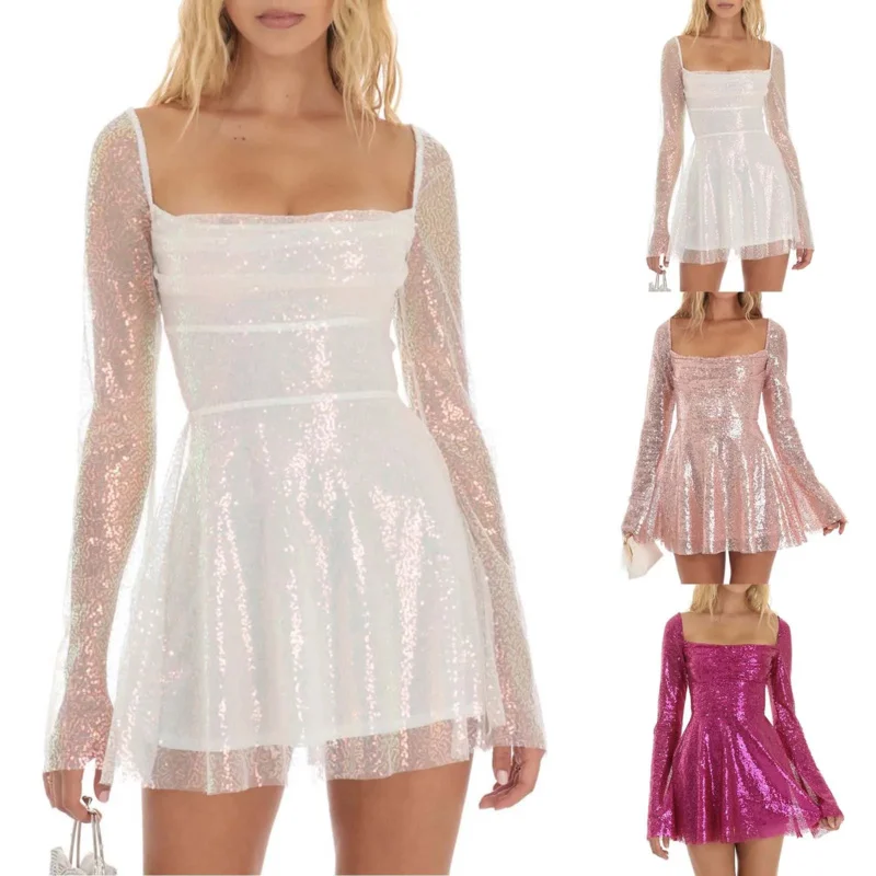 Женское Прозрачное платье с длинным рукавом однотонное Повседневное на тонких