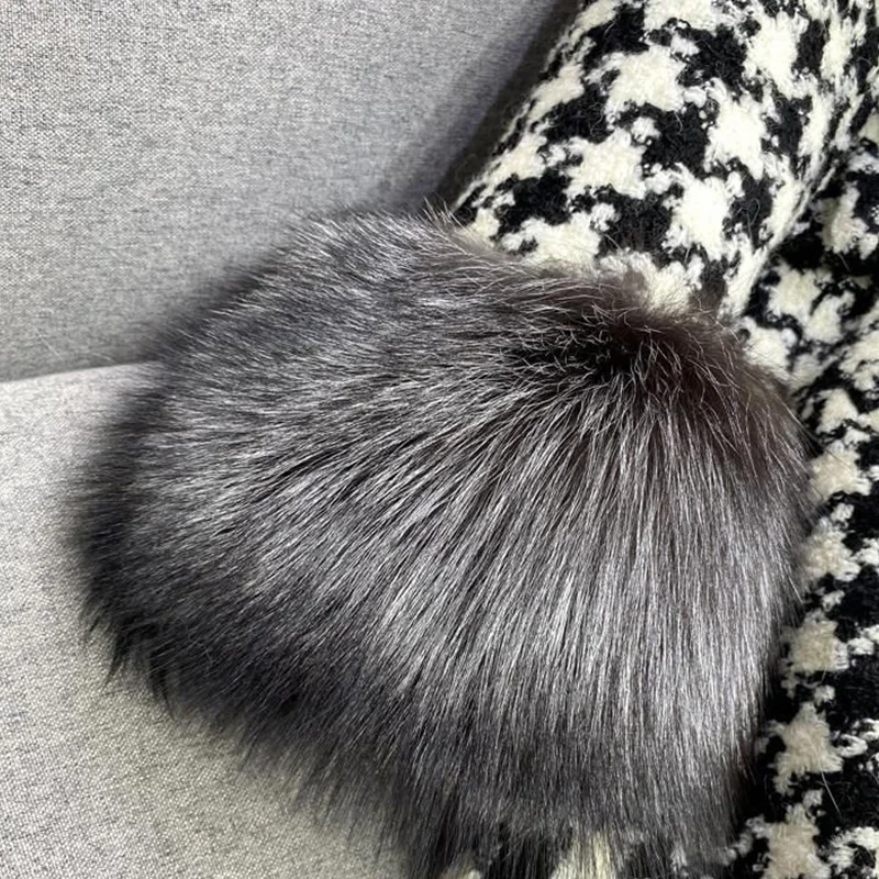 Fashion High-End Fur Coat Women 2022 Winter Imitation Silver Fox Fur Collar Medium Long Thousand Bird Check Temperament Coats