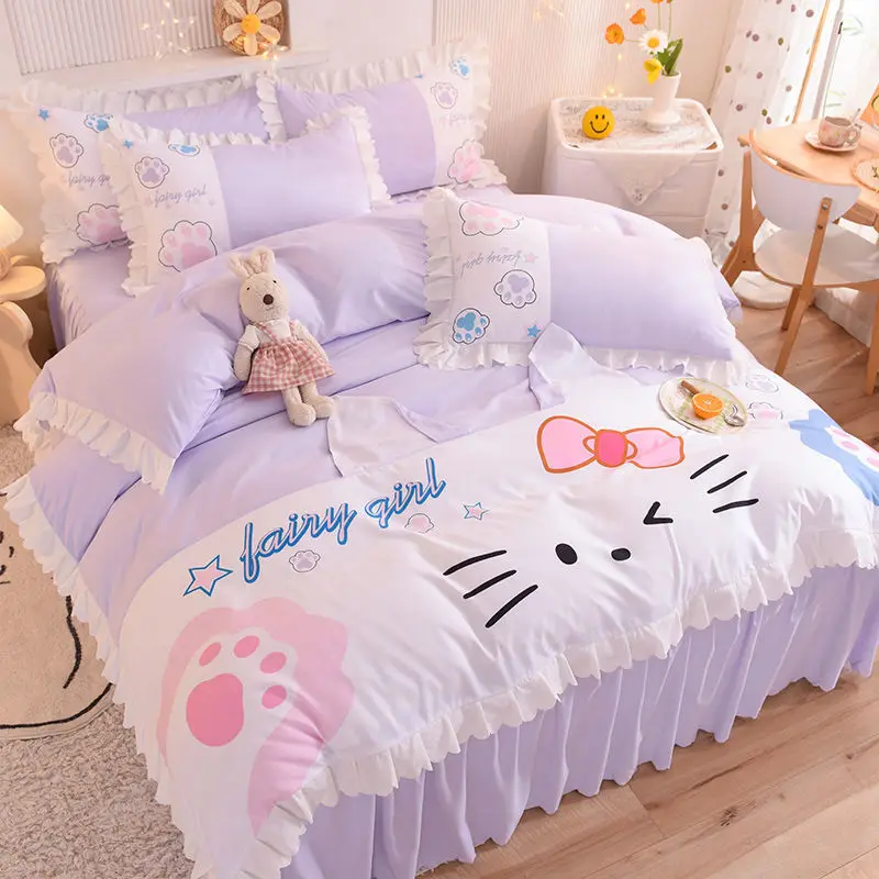 

TAKARA TOMY Cute Cat Brushed Four-piece Cartoon Princess Style Cotton Bed Skirt Quilt Cover Comfortable Three-piece Set