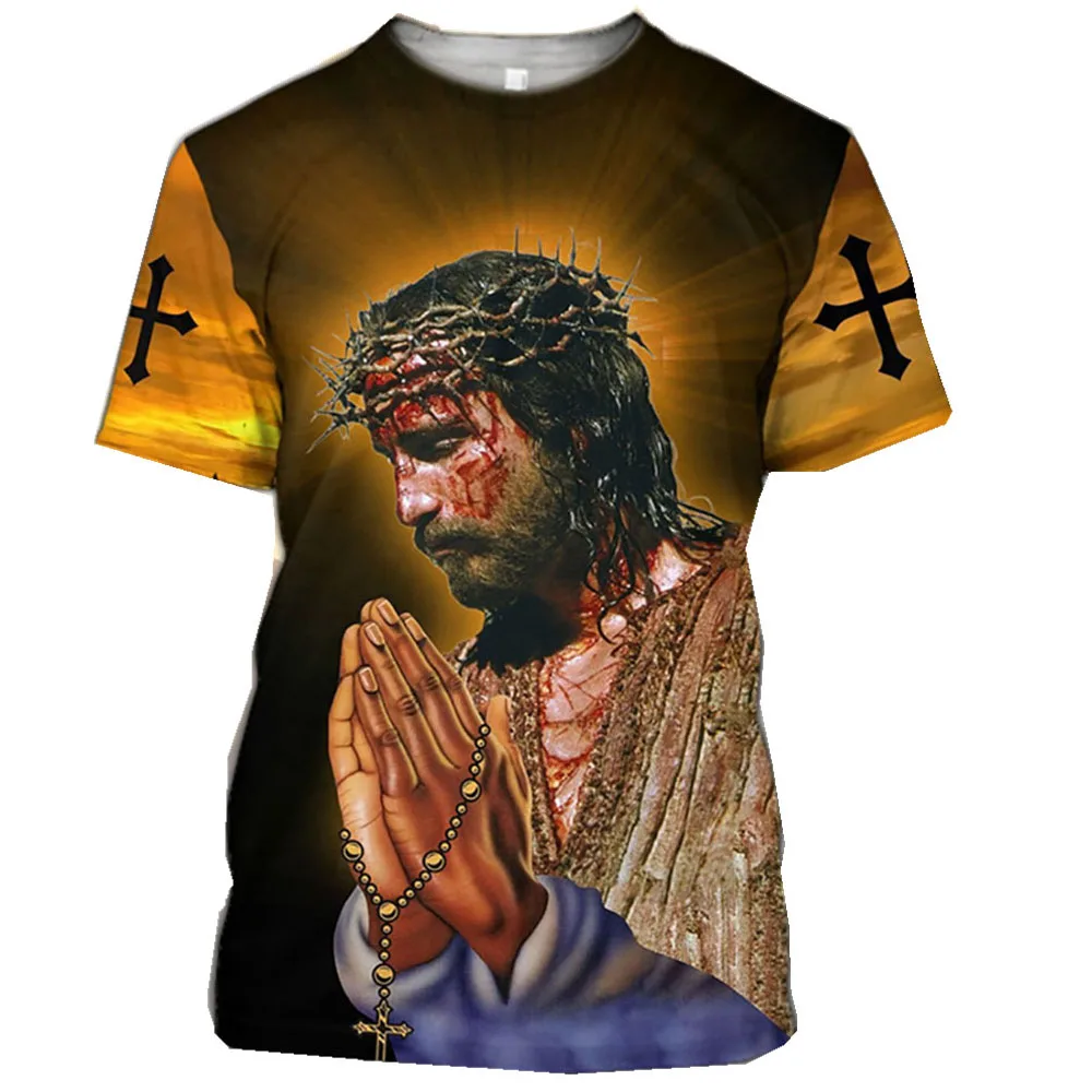 

Summer Men's Short Sleeved Jesus Christ Casual Catholic Street Wear Collar O Shirt Large Size 6xl