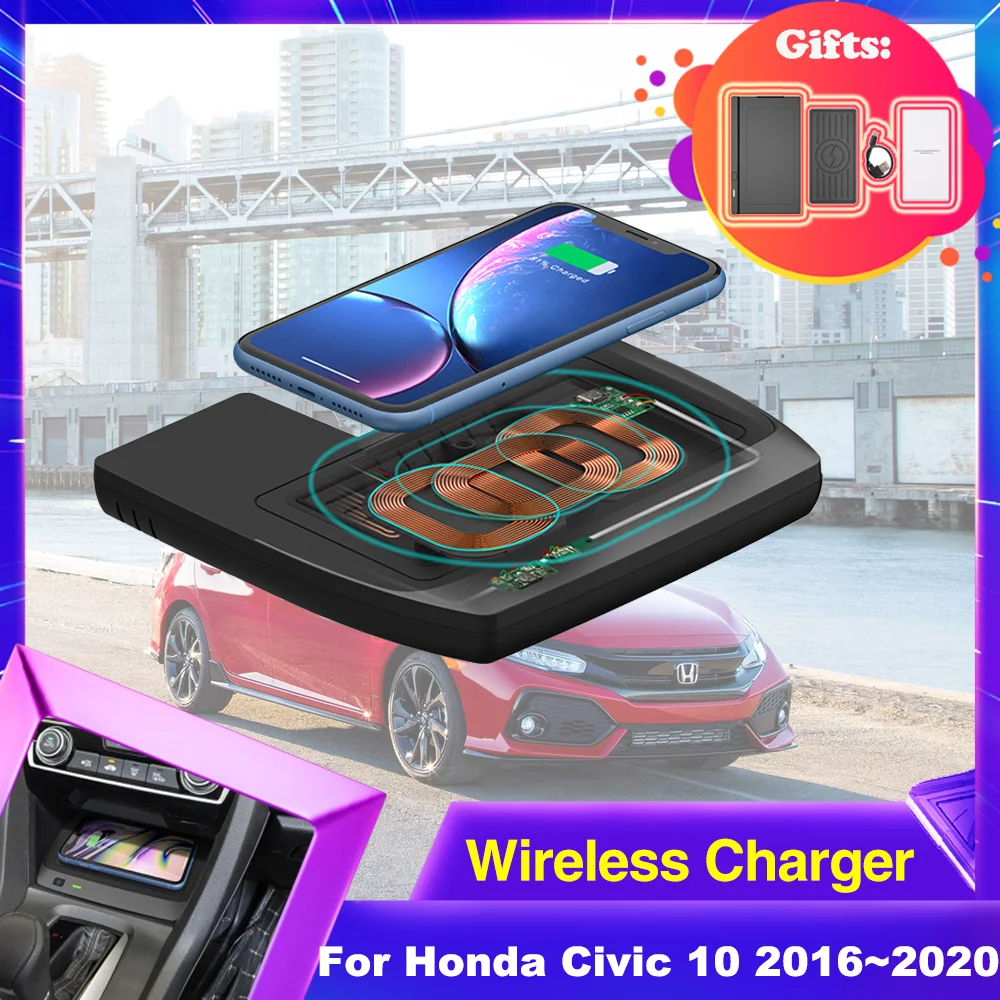 15W Car Wireles Charging For Honda Civic 10th Gen g10 FK 2016~2020 2017 2018 Phone Fast Charger Charging Plate Station iPhone