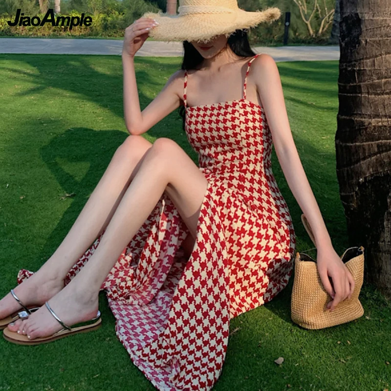 

Женское длинное платье без рукавов, привлекательное красное платье в Корейском стиле с разрезом и принтом в виде птиц, летняя одежда для пут...
