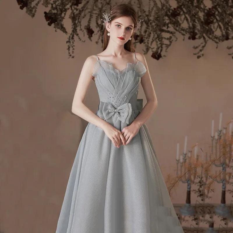 

Elegant Gray Green Prom Gowns Spaghetti Strap Bead Crystal Sweetheart Bow Slim French Wedding Party Evening Dresses A Line 2023