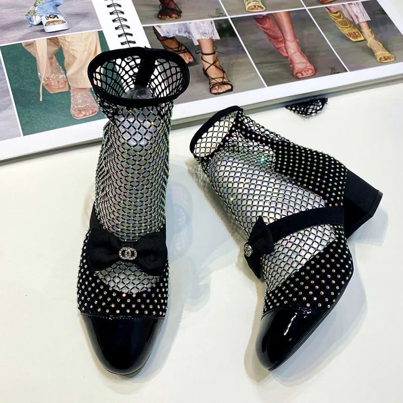 Большой размер 46 женские летние короткие сапоги в сеточку с бриллиантами низкие