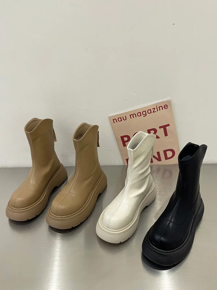 

Женские ботинки челси с круглым носком, ботинки на плоской подошве с молнией, осенние Элегантные Простые ботильоны из искусственной кожи в ...