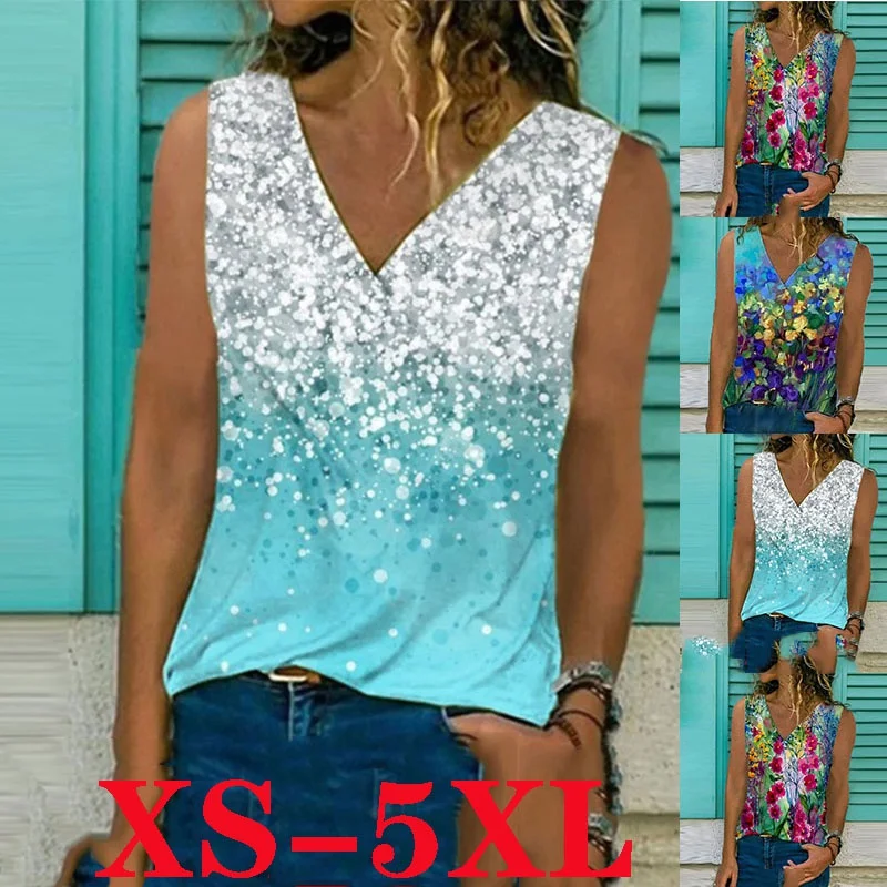 

Women's Sleeveless Plus Size Casual Top Fashion Print Summer Shirt XS-9XL