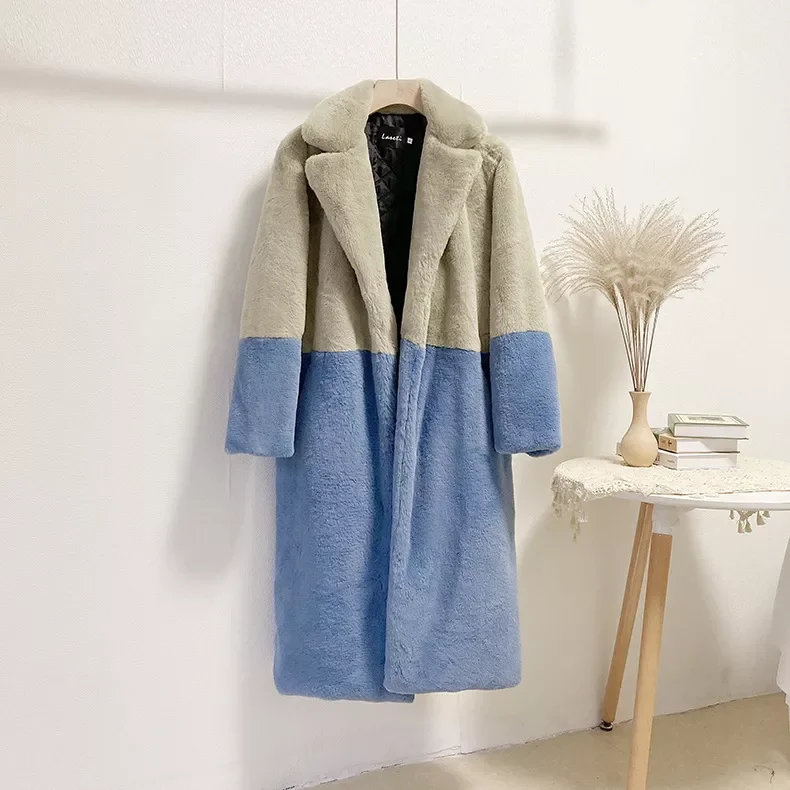 New2022 New Women Winter Warm Faux Fur Coat Color Patch Thick Women Long Coat Turn Down Collar Women Warm Fur Coat Casaco Femini