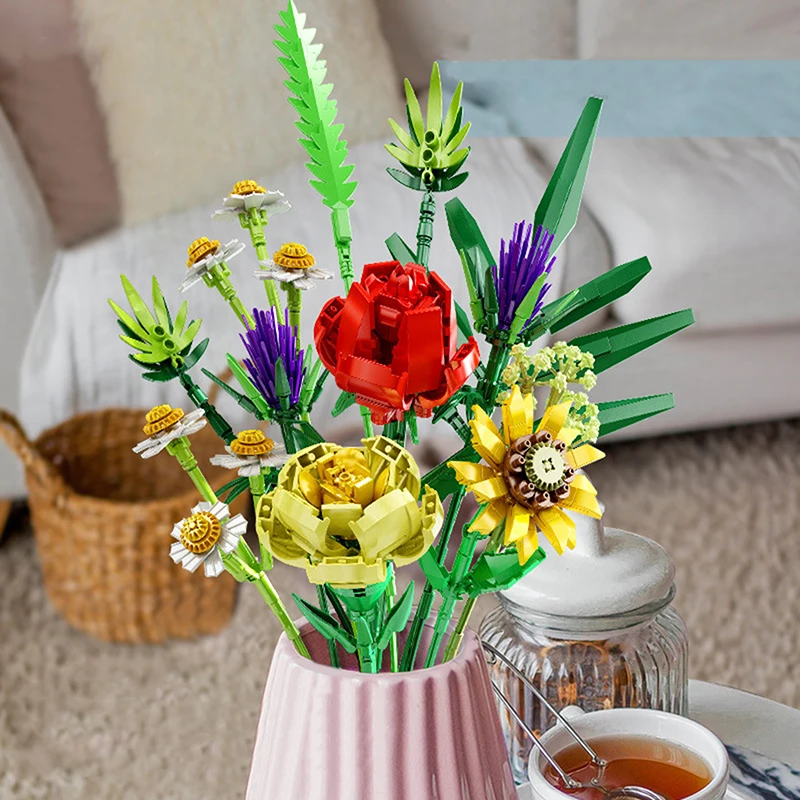 

Bouquet Building Block DIY Rose Flower Orchid Cactus Plant Bonsai Model Ornaments Children's Puzzle Assembly Bricks Girl Gift