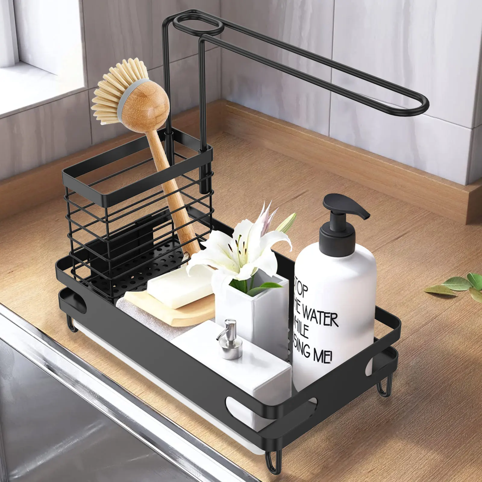 

New Kitchen Sink Caddy Sponge Holder 3 in 1 Sink Organizer with with Towel Rack and Removable Drain Tray Rust Proof Sponge Soap