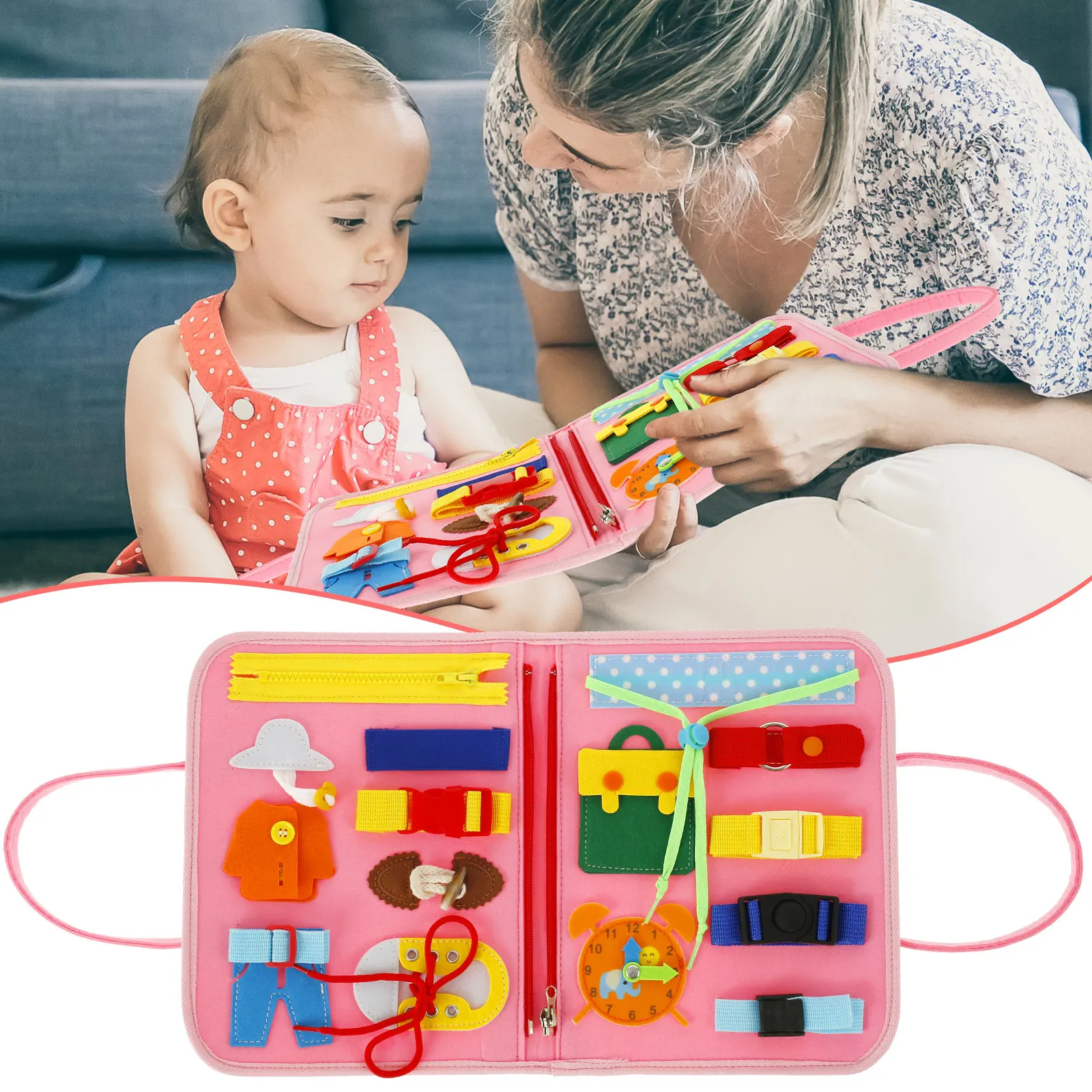 

Toddler Busy Board with Handle Preschool Learning Montessori Board Toy Colorful Felt Sensory Activity Board Educational